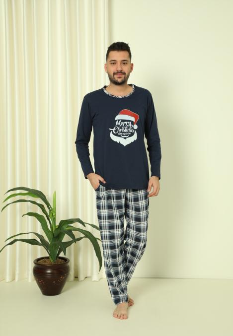 Pijama barbati Craciun "Merry Chrismas" maneca lunga ,pantaloni lungi,Culoare Bleumarin ,Engros
